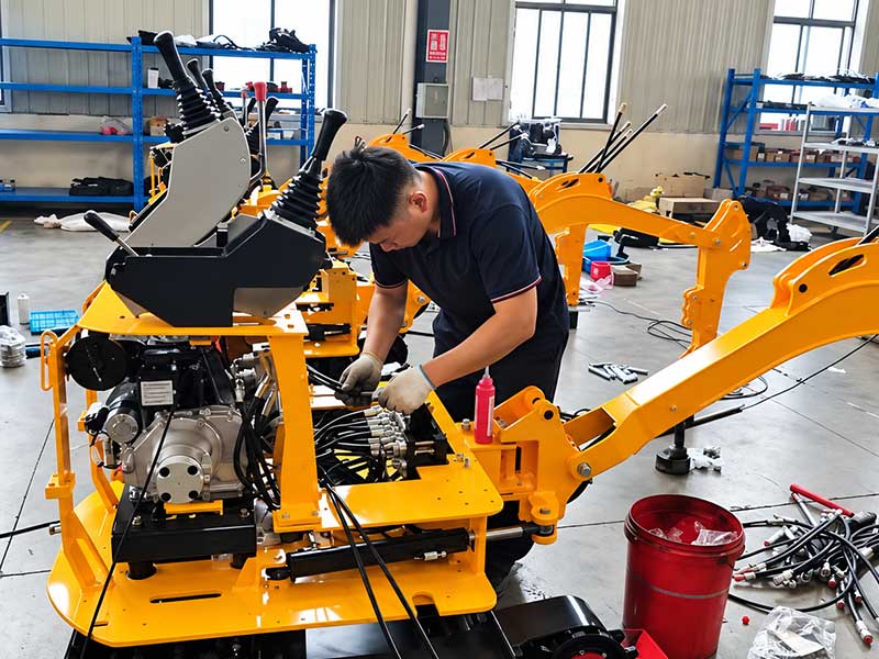 Mini excavator assembly work in the workshop