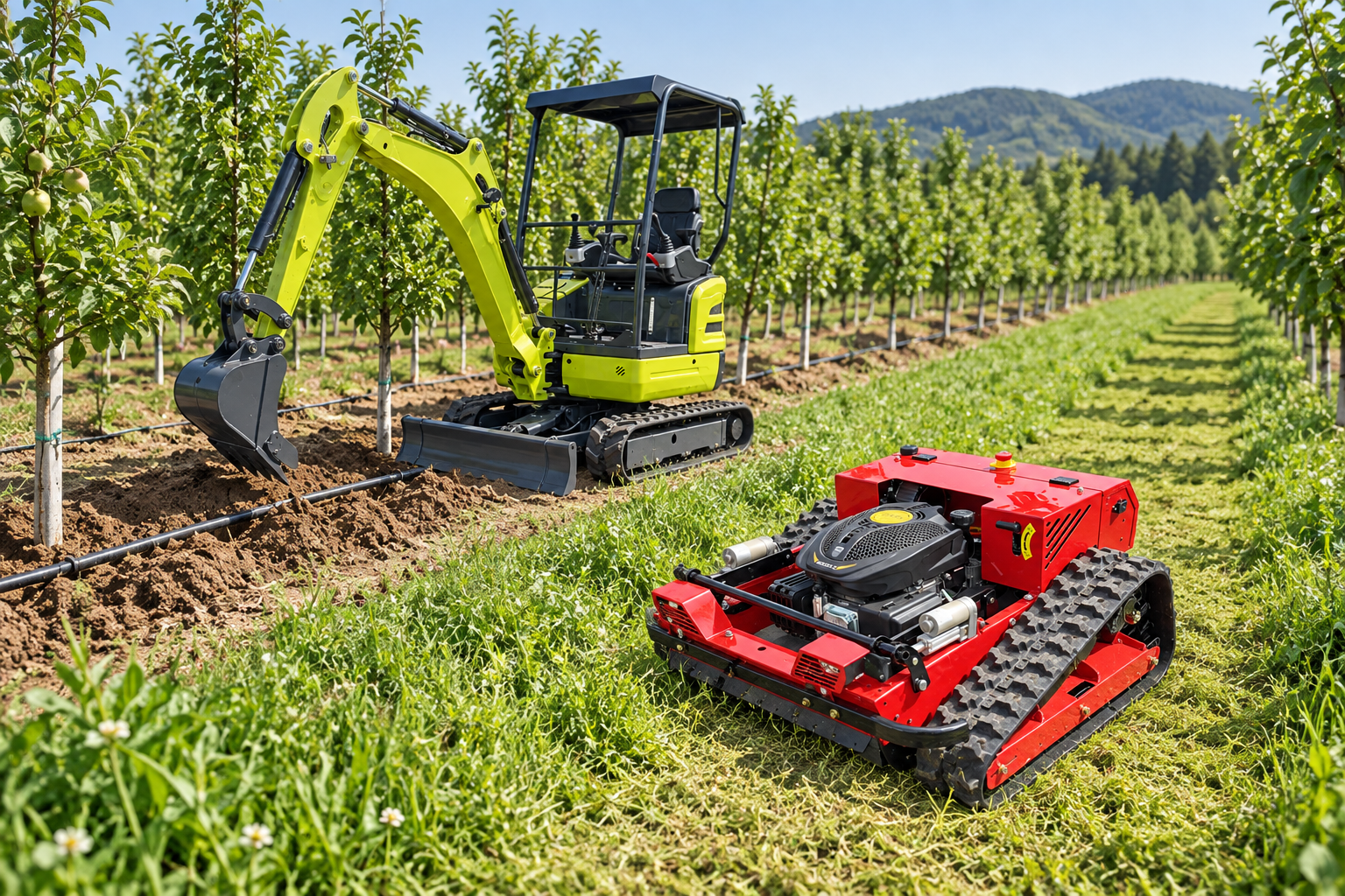 GW18 mini excavator and red crawler mower for orchard irrigation and vegetation maintenance — AI-generated application illustration