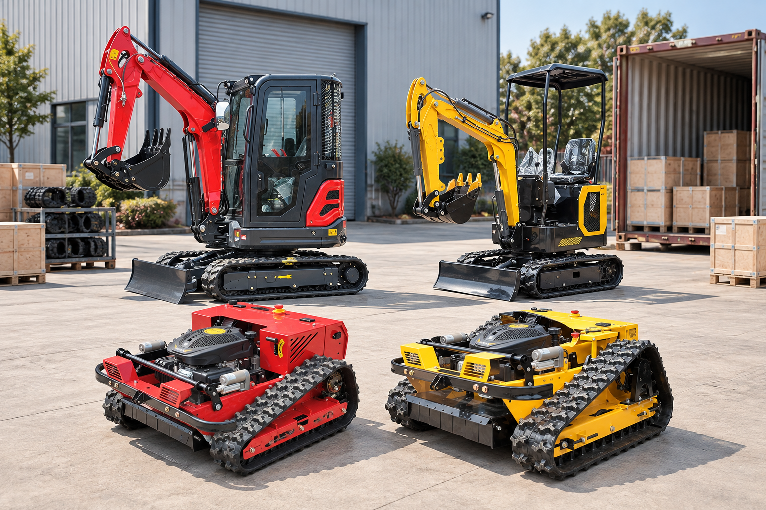 Mini excavators and crawler mowers prepared for a mixed equipment shipment — AI-generated application illustration