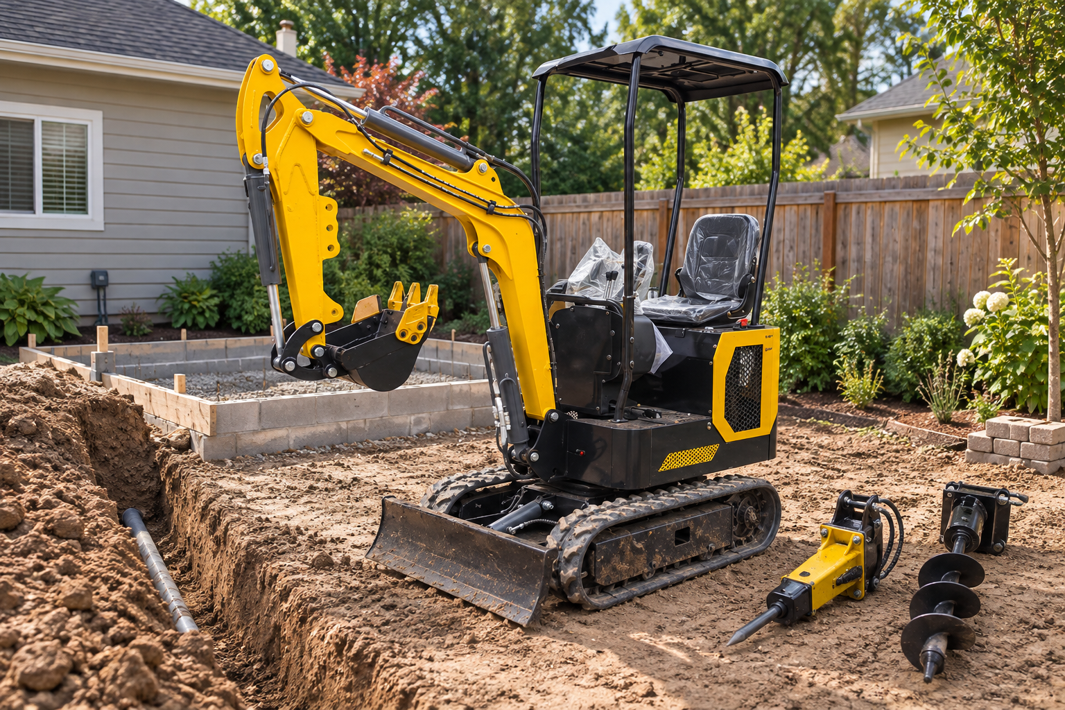 T10-1 mini excavator with breaker and auger at a small yard renovation site — AI-generated application illustration