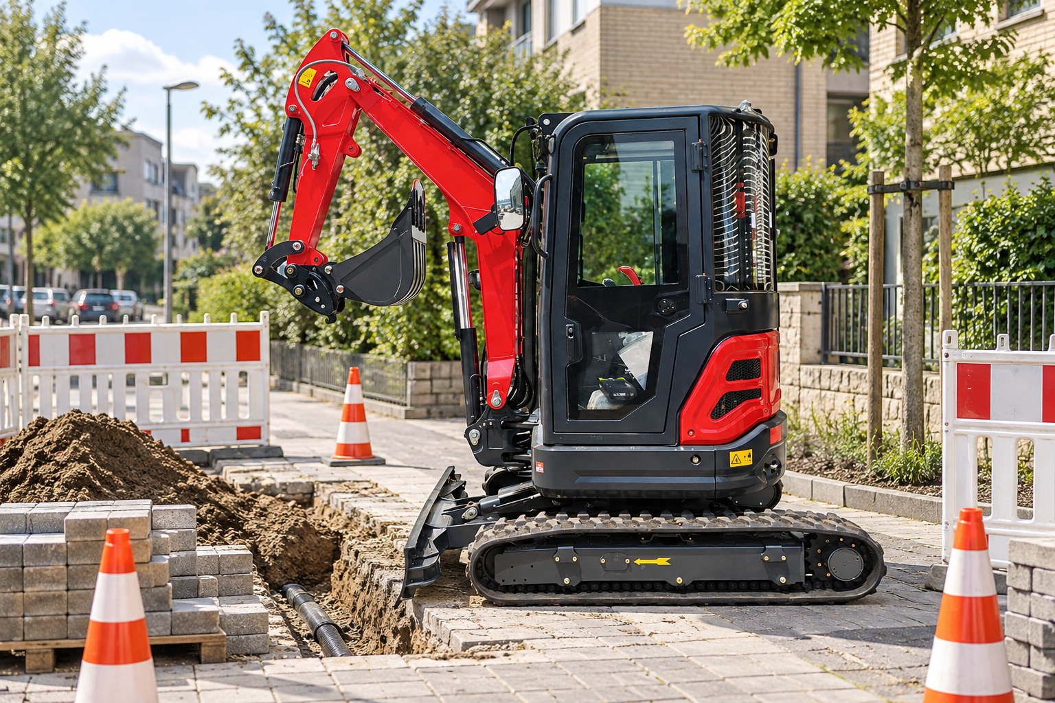 GW25 compact mini excavator at a confined municipal sidewalk utility repair site — AI-generated application illustration
