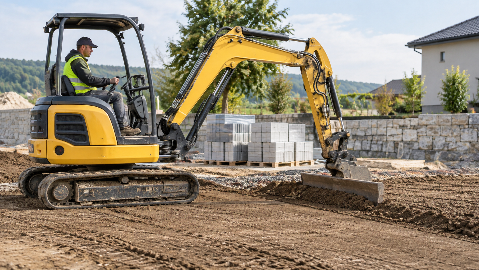AI-generated application illustration: Side view of compact excavator efficiently grading a prepared small construction site, machine blade leveling a smooth soil strip, operator seated wearing workwear, neatly organized materials beyond, broad clean work area, high quality realistic machinery.