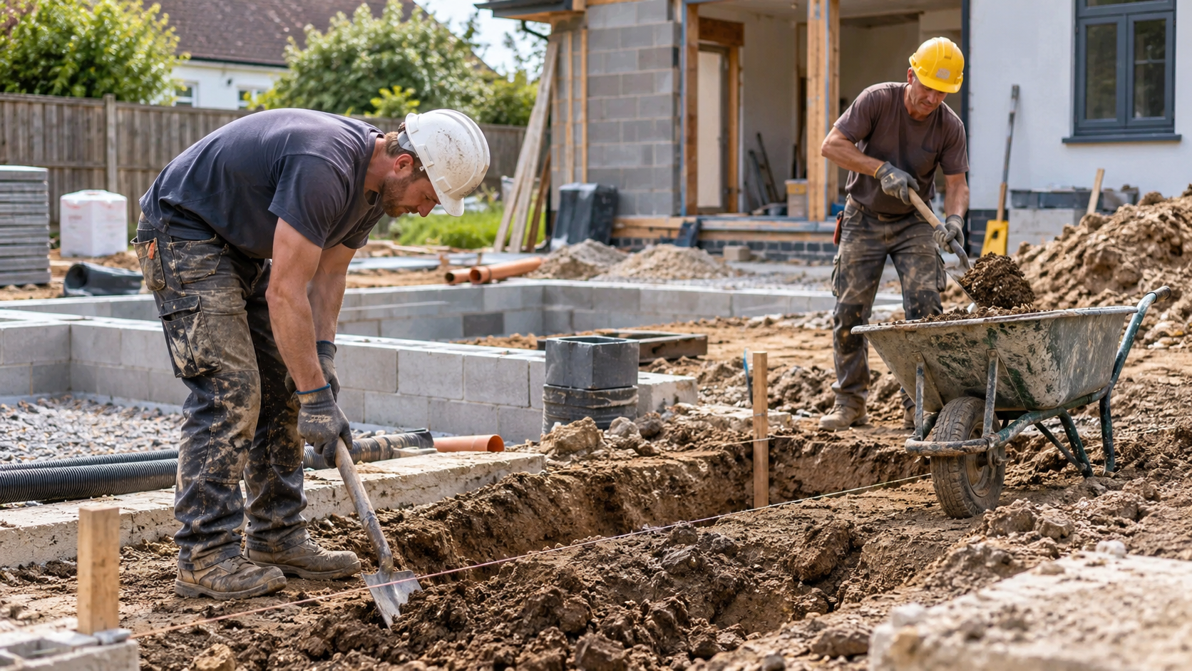 AI-generated application illustration: Two construction workers in practical safety workwear manually digging a small foundation trench with shovels and moving soil with wheelbarrow, many unfinished ground preparation tasks visible, shows labor intensive slow progress, no machinery dominating frame.