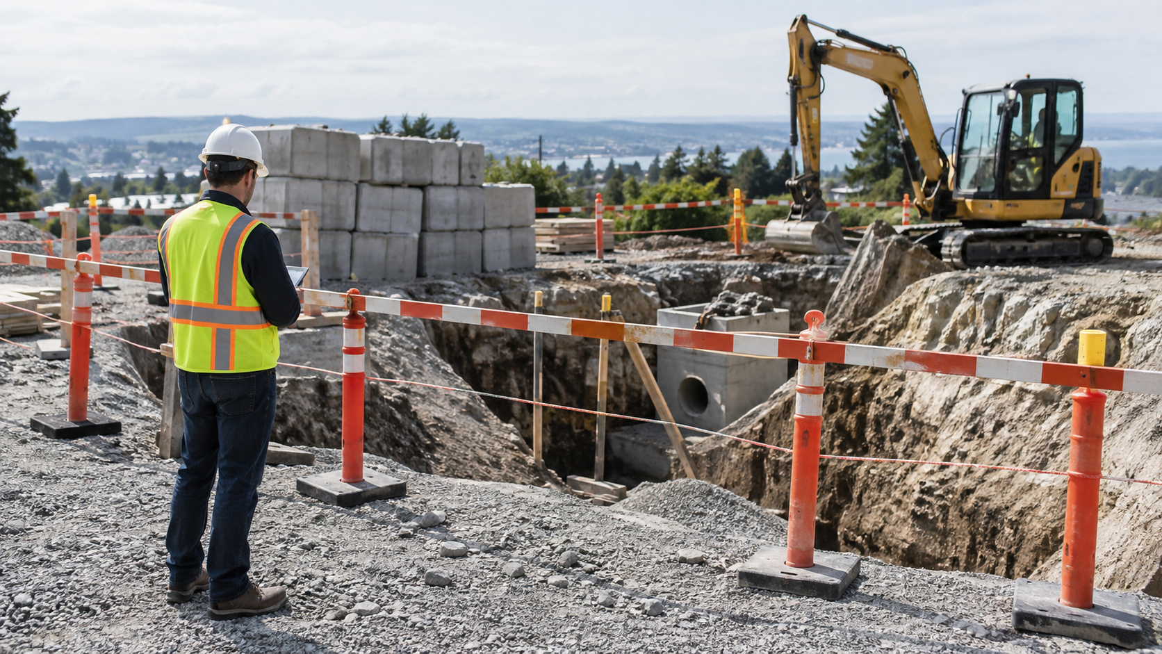 AI-generated application illustration: Construction site safety challenge shown through organized barricaded excavation, heavy stacked concrete blocks, a supervisor wearing hardhat and reflective vest reviewing work zone from safe distance, mini excavator parked beyond, clear separation, no accident or dangerous action.