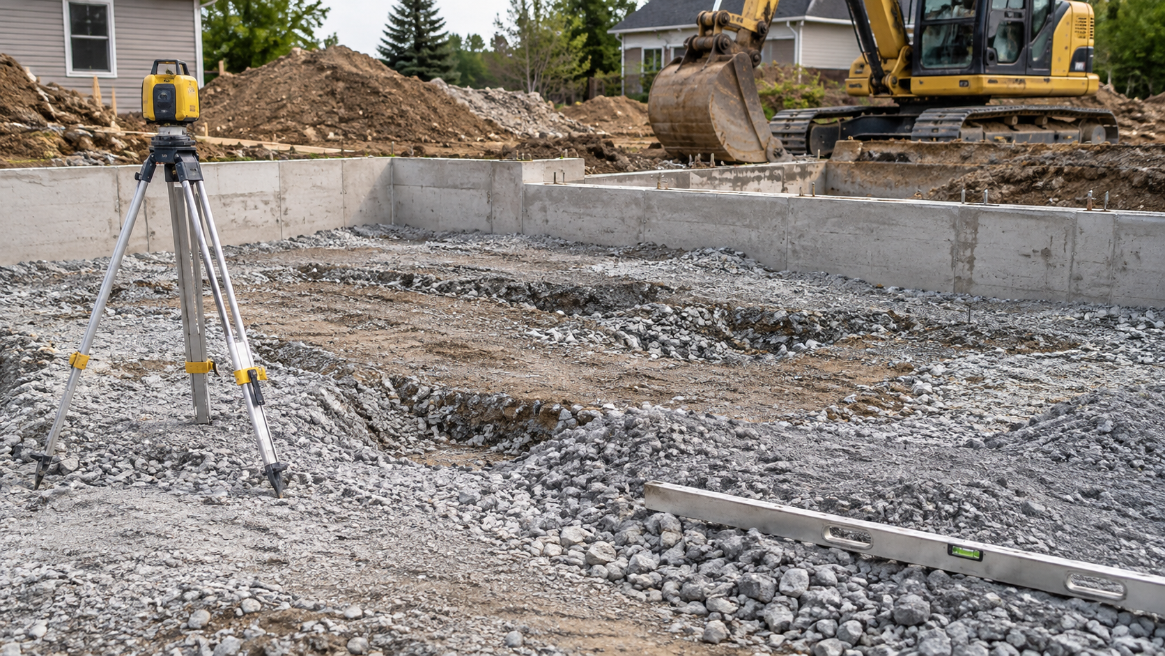 AI-generated application illustration: Close wide view of uneven unfinished foundation preparation and irregular gravel grading at a small construction project, visible low spots and inconsistent surface levels, surveying laser level on tripod and straightedge nearby, no printed writing, communicates quality inconsistency.