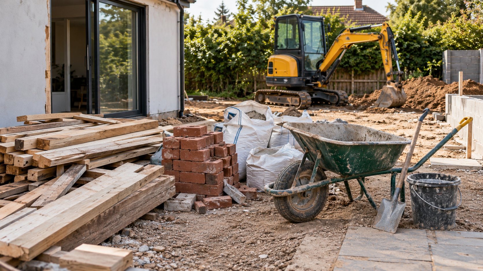 AI-generated application illustration: Small renovation site with unused offcuts of timber, leftover bricks, bags of material, wheelbarrow and service tools grouped in foreground, compact excavator parked in background, realistic material surplus and ongoing maintenance workload, no exaggerated rubbish pile or text.