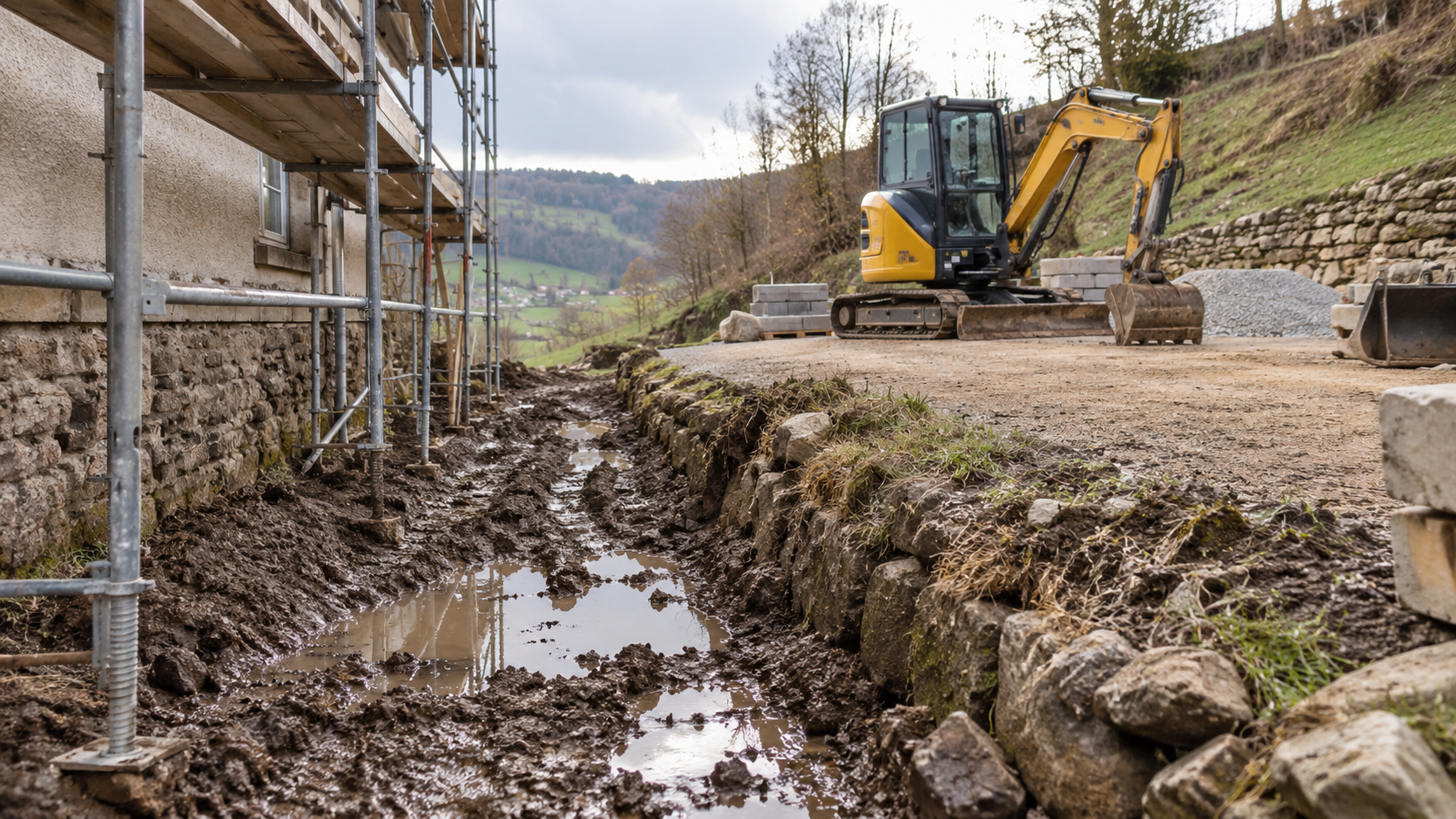 AI-generated application illustration: Challenging small construction access after rainfall: narrow rough access path beside building renovation, muddy uneven soil and shallow puddles, hillside beyond, compact excavator parked on a firm dry level platform away from mud, illustrates variable working conditions without unsafe action.
