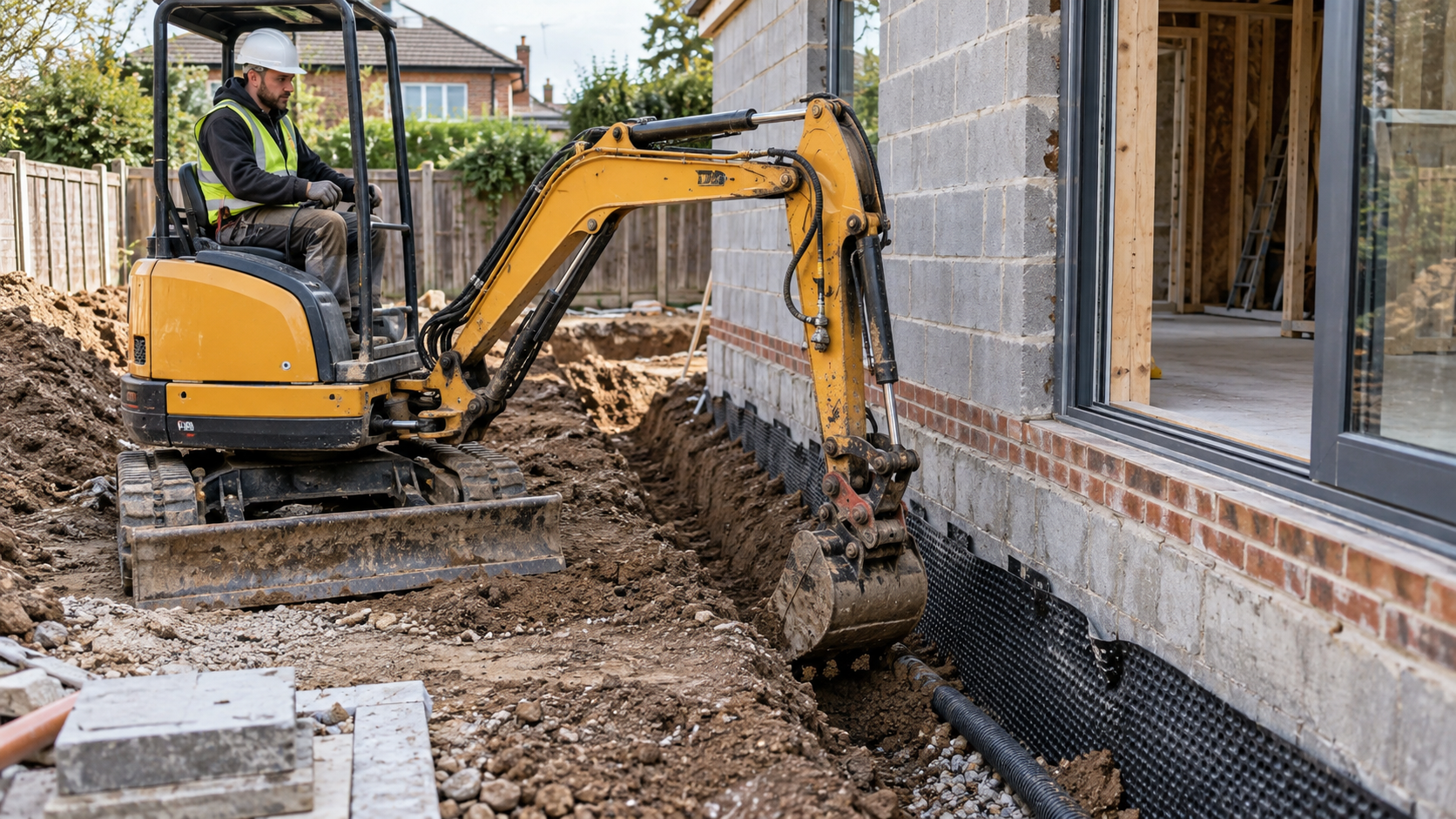 AI-generated application illustration: Compact rubber tracked mini excavator digging a narrow drainage trench alongside a modest residential extension under renovation, foundations and prepared soil, clearly confined but adequate workspace, realistic hydraulic arm and bucket, operator seated wearing hardhat.