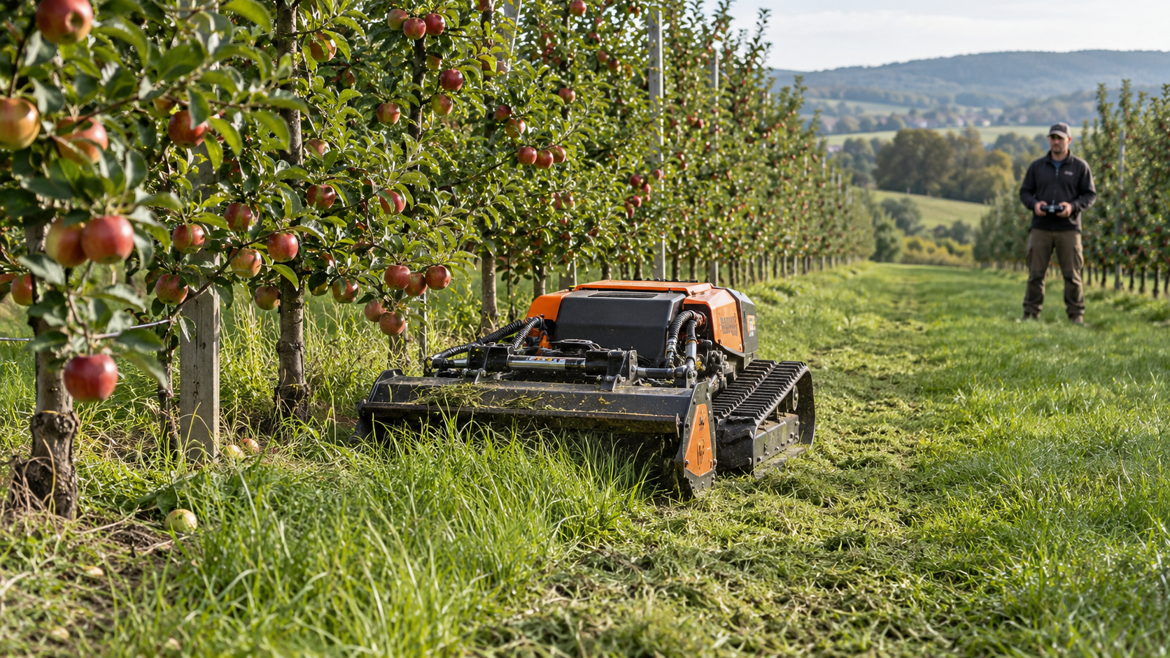 AI-generated application illustration: Remote controlled compact rubber tracked mower maintaining orchard grass, distant operator with handheld controller standing on clear firm path well away from machine, wearing work clothes, broad rows of apple trees.