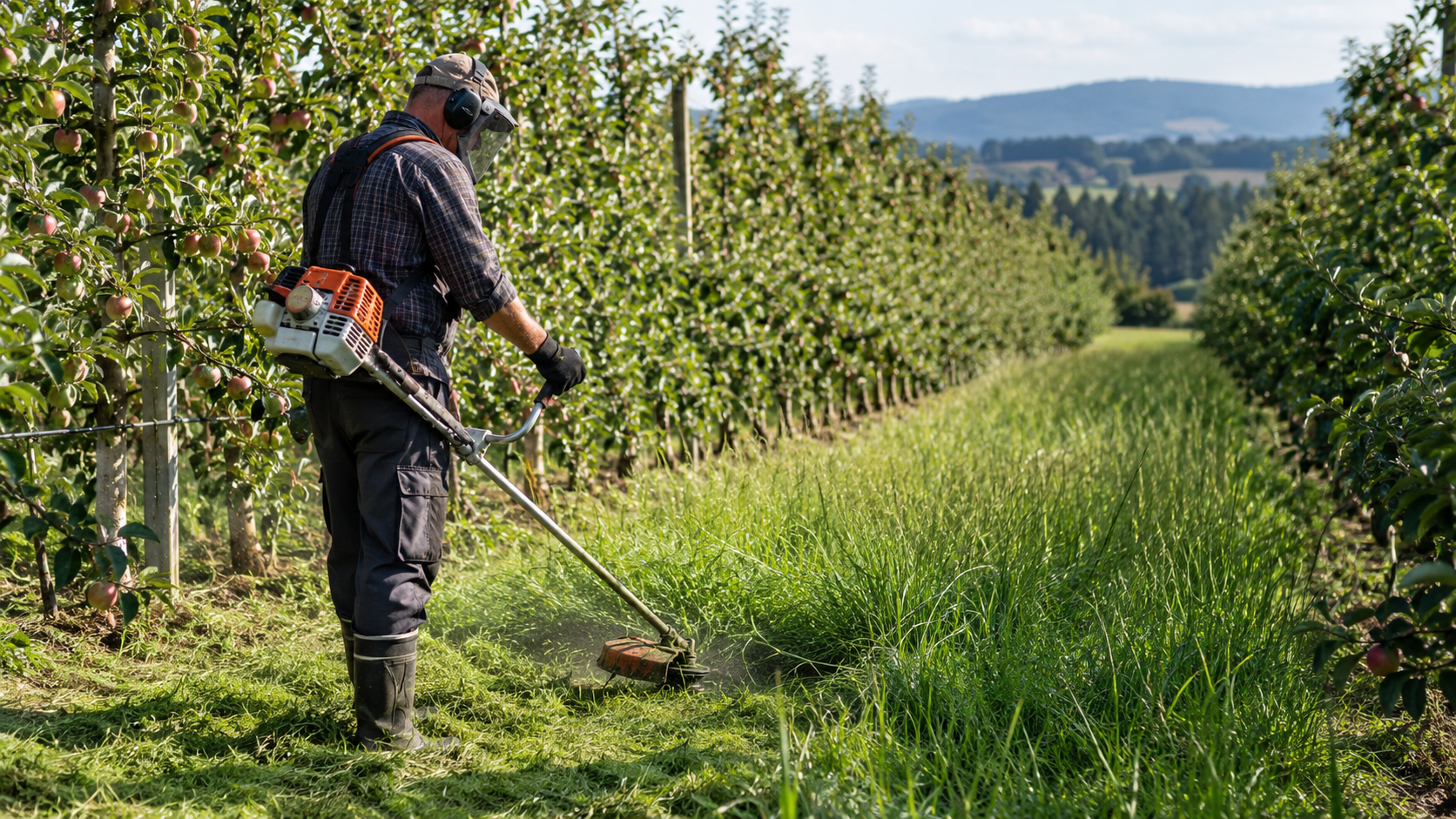 AI-generated application illustration: Farm worker in workwear using a manual grass trimmer along a long orchard row, tall grass visible farther along the lane, view conveys time-consuming repetitive maintenance, proper eye protection.