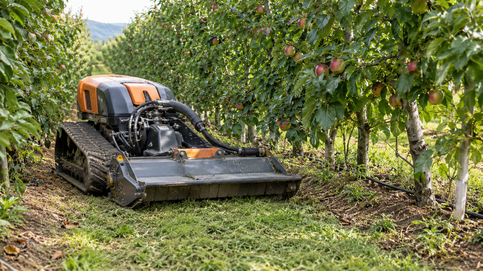 AI-generated application illustration: Close-spaced orchard tree rows, narrow grassy access lane, exposed irrigation drip line near tree bases, compact crawler mower positioned at lane entrance showing clearance challenge.