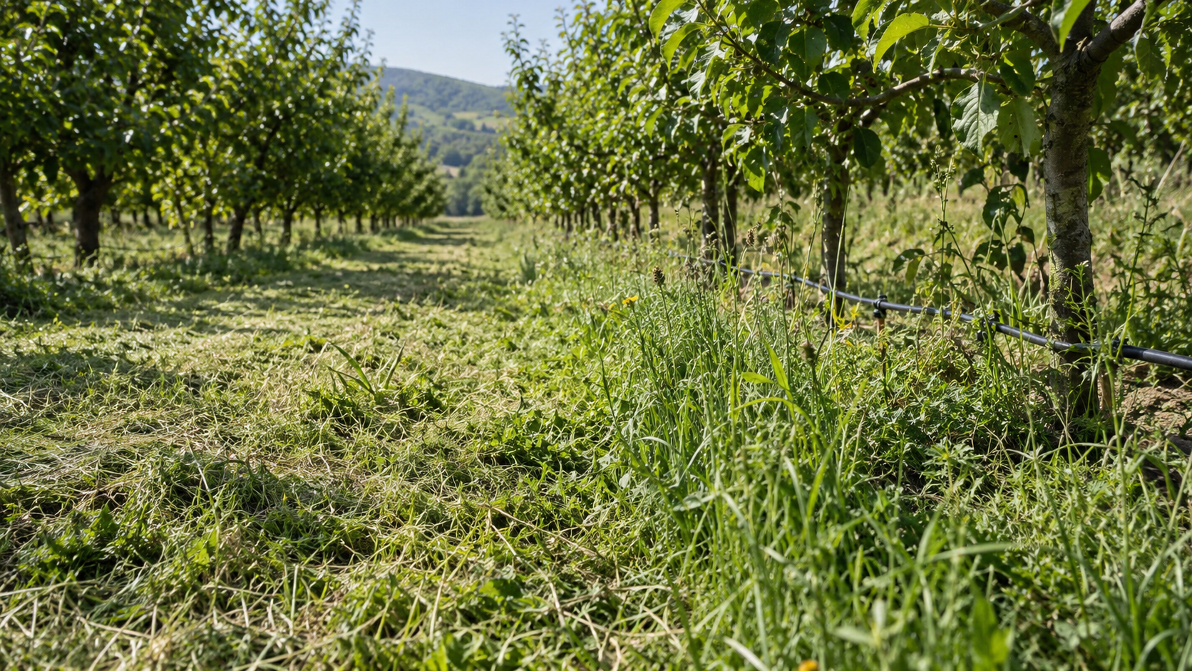 AI-generated application illustration: Orchard grass lane with clearly uneven patches of cut short grass and tall weeds, realistic dense ground growth beside irrigation tubing, no machinery needed, low ground-level view.