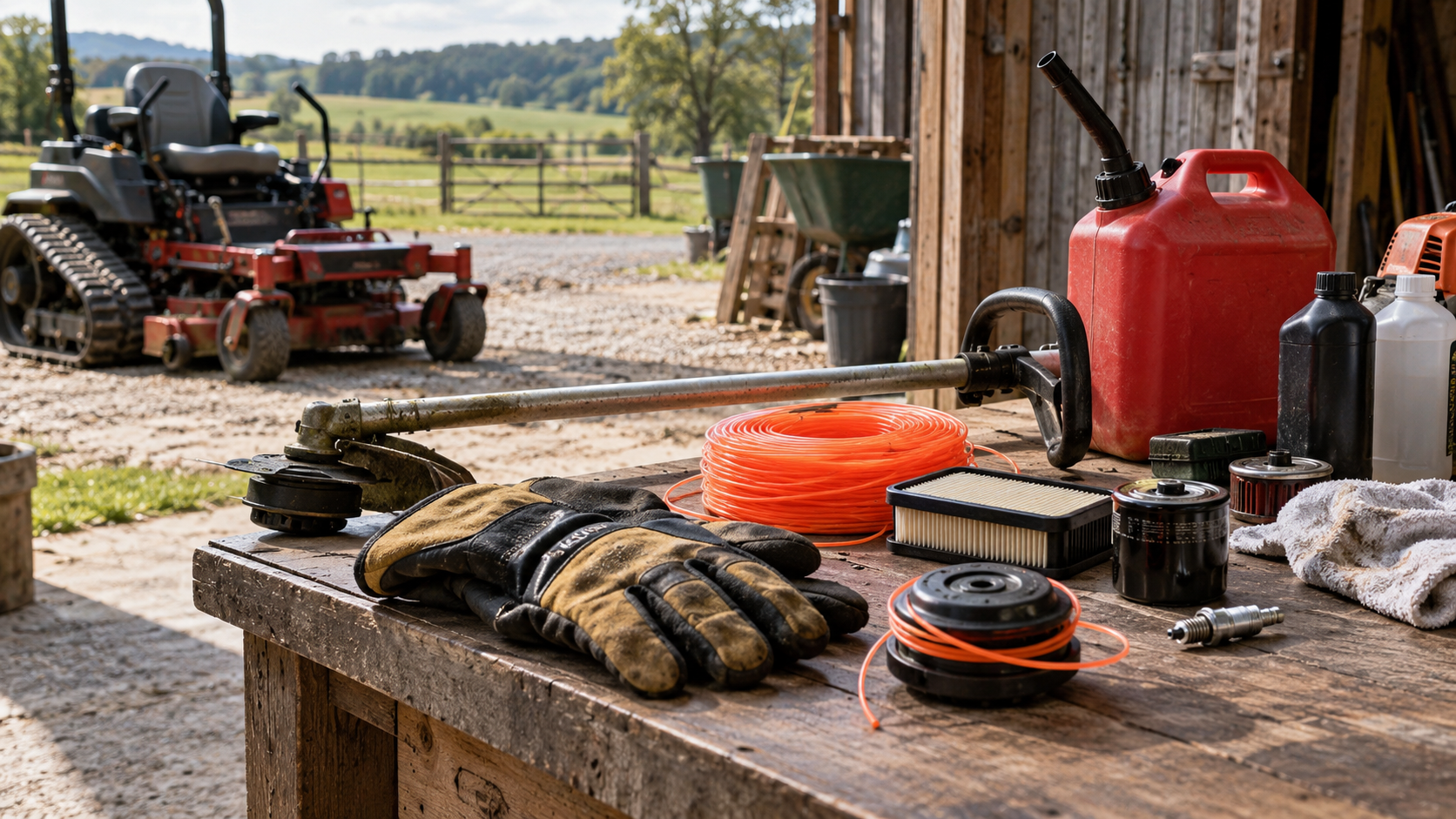 AI-generated application illustration: Farm maintenance tools, spare trimmer line, gloves, fuel can and mower service parts neatly arranged outside farm shed, practical recurring maintenance workload, no text labels.