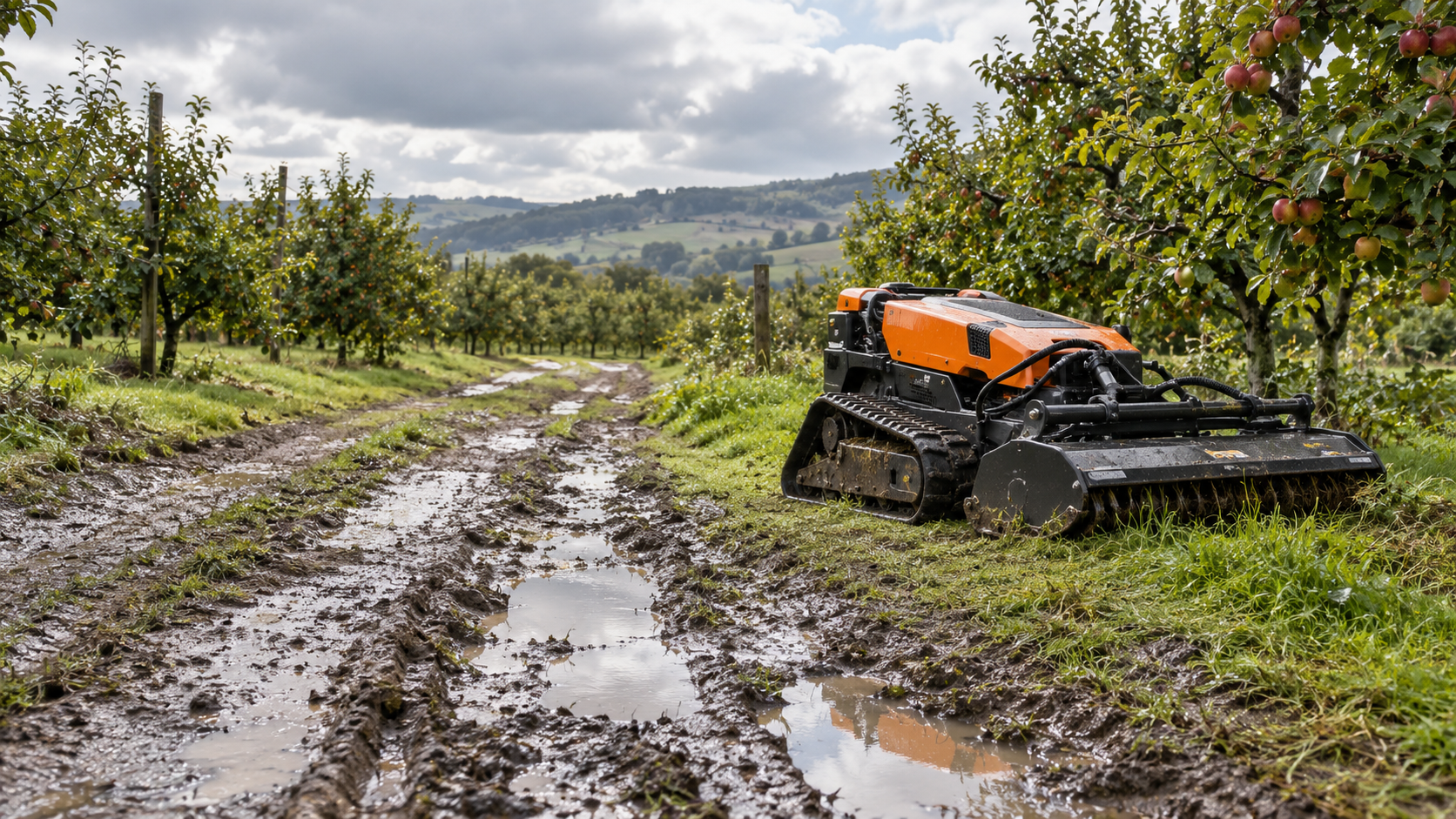 AI-generated application illustration: Orchard after rain, muddy farm track with shallow puddles, damp grass and gently rolling uneven ground, realistic site conditions, parked compact mower on dry firm edge, no active operation in mud.