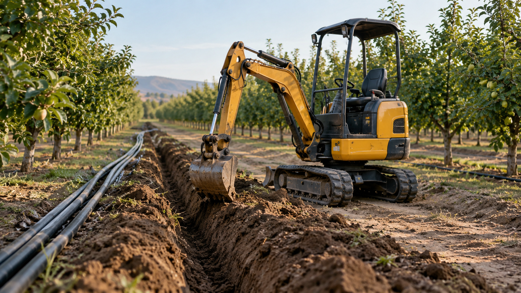 AI-generated application illustration: A fruit farm maintenance operation: unbranded compact mini excavator digging a narrow irrigation trench in an orchard, orderly fruit trees, irrigation pipes laid beside trench, flat ground, no people.