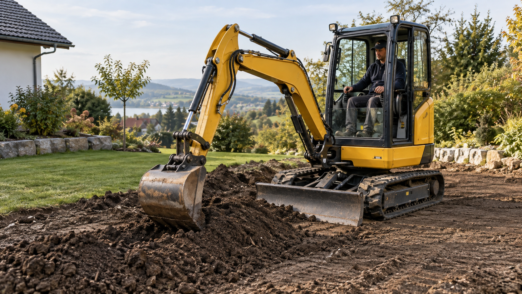 AI-generated application illustration: Compact mini excavator carefully grading soil in a broad garden with small lawn, operator seated in cab wearing work clothes, realistic bucket and blade, no other people near machine.