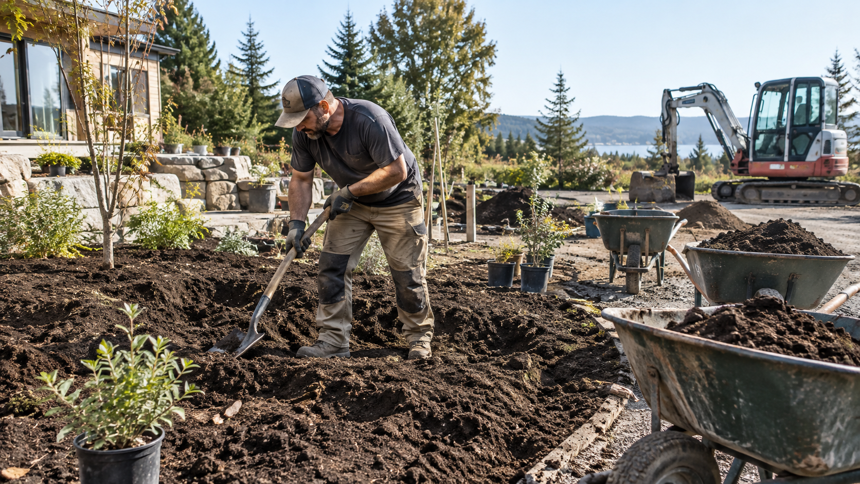 AI-generated application illustration: Landscape worker manually digging a large planting bed with shovel, several wheelbarrows of soil, unfinished garden with many remaining tasks, proper boots and gloves.