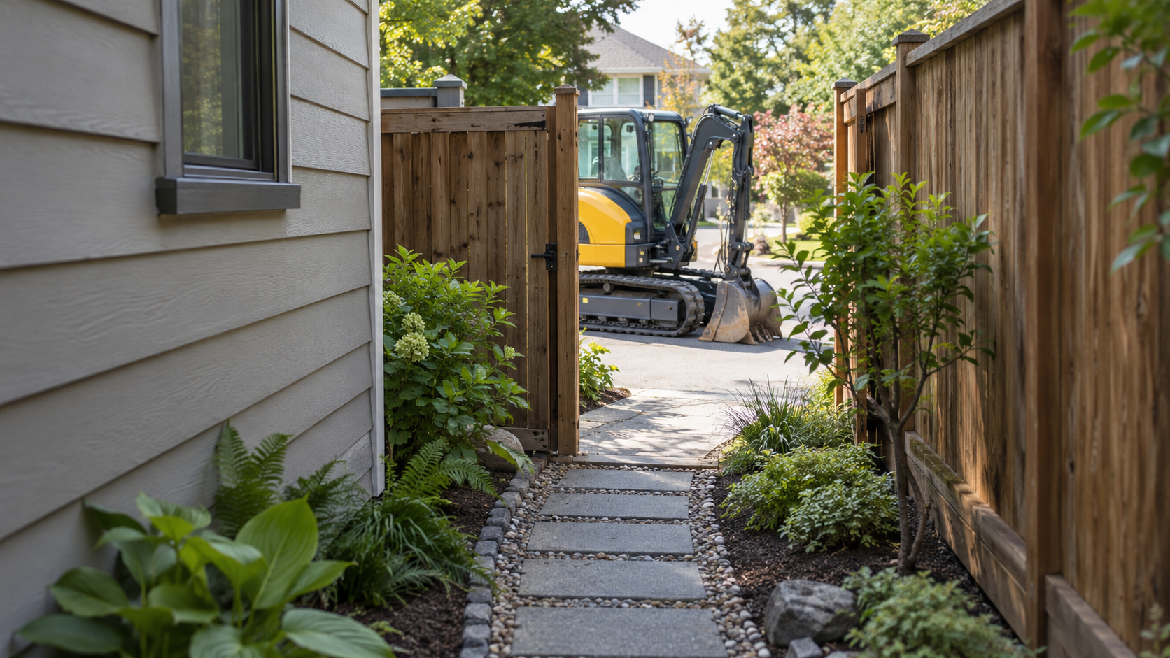 AI-generated application illustration: Narrow residential side gate and garden path between house and fence, mini excavator parked outside on driveway demonstrating restricted entry, no machine forced through gate.