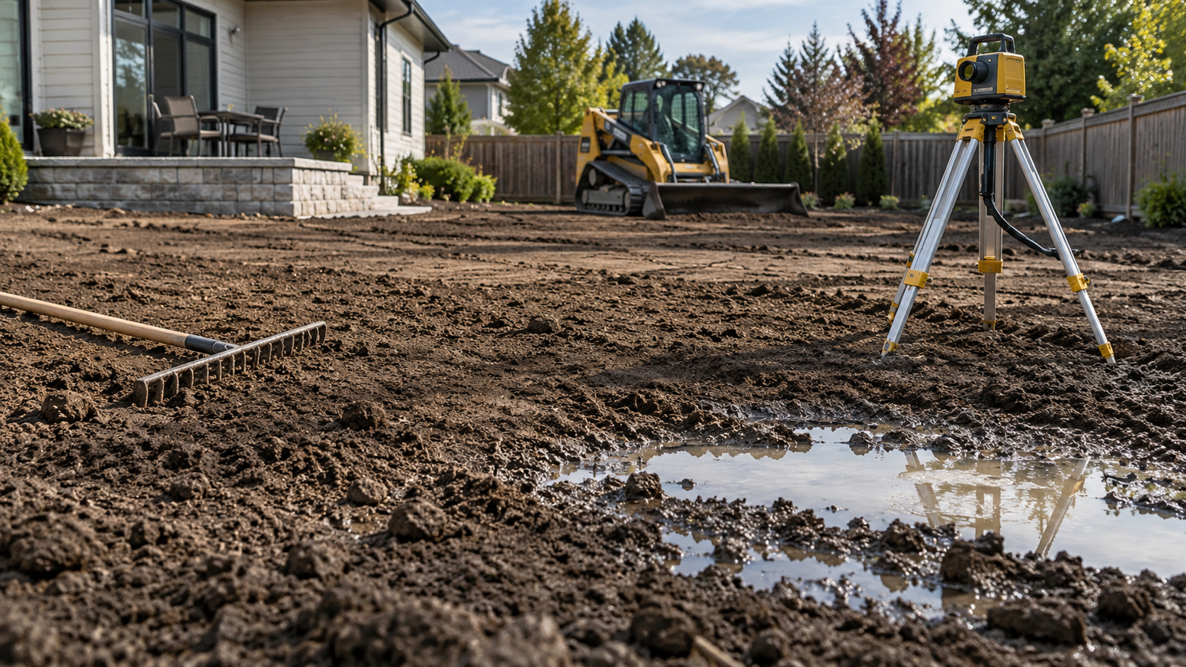 AI-generated application illustration: Unfinished backyard with visibly uneven freshly worked soil, slight shallow water puddle in low area, grading rake and surveying level on tripod, practical landscape preparation problem.
