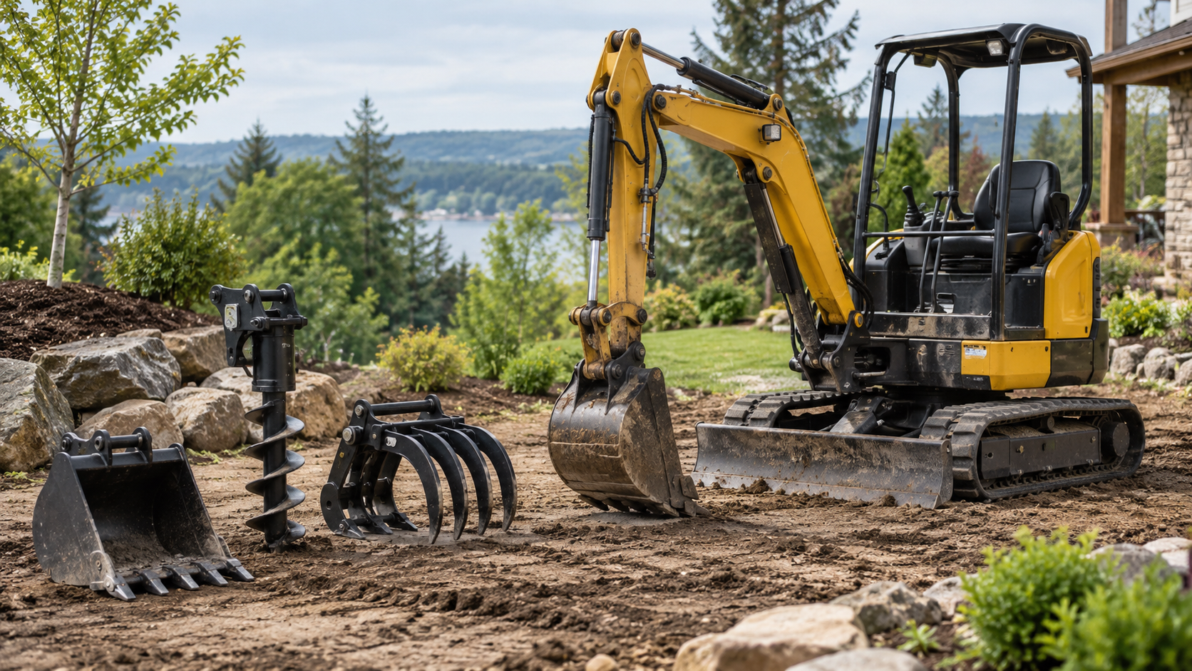 AI-generated application illustration: Mini excavator parked at landscape site beside distinct compatible bucket, auger and grapple attachments arranged orderly on ground, demonstrates multiple tasks and attachment selection, physically realistic.