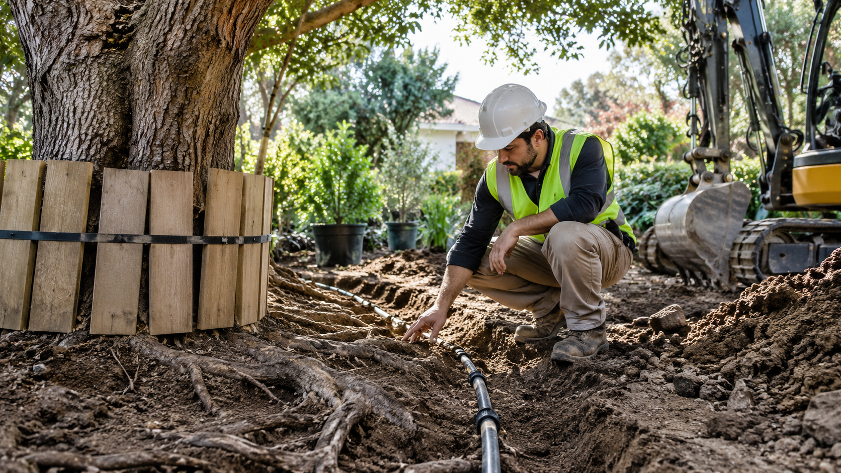 AI-generated application illustration: Careful garden site planning around existing tree roots and exposed isolated irrigation pipe, worker inspecting ground before excavation, clearly protected old planting, no dangerous live utilities.