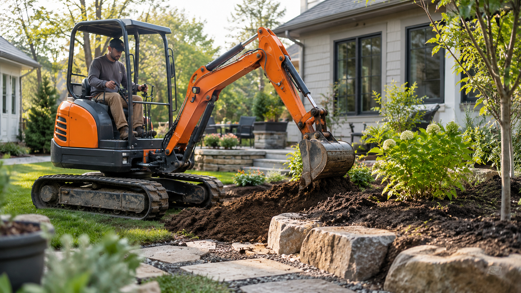AI-generated application illustration: Compact orange rubber tracked mini excavator preparing a garden planting bed in a residential backyard, fresh soil, shrubs, stone path, house background, different side angle from a product hero.