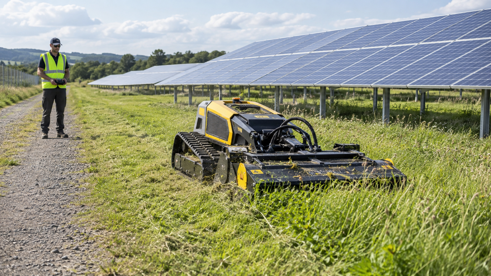 AI-generated application illustration: Wide solar site vegetation maintenance, remote operator with handheld controller standing well away on firm service path with clear line of sight to mower, machine mowing open grass clear of panels.