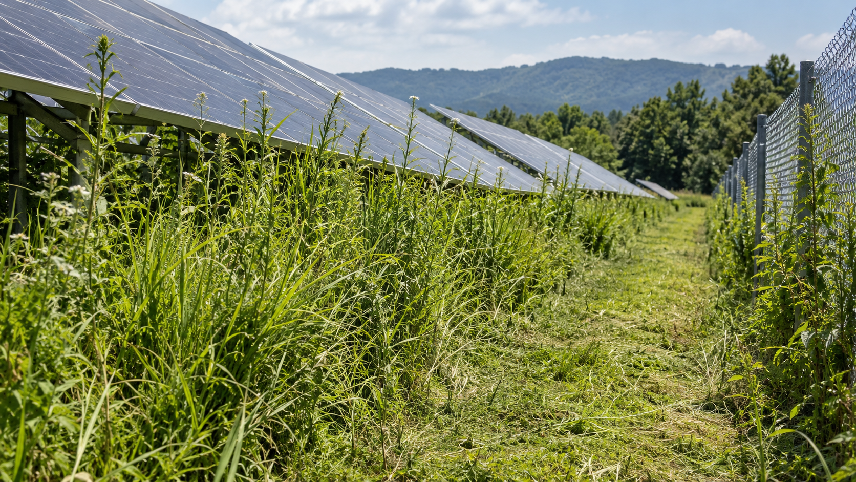 AI-generated application illustration: Solar facility with visibly tall lush grass and weeds between panel rows and around fence margins, clear access path, no machine needed, illustrates rapid seasonal growth.