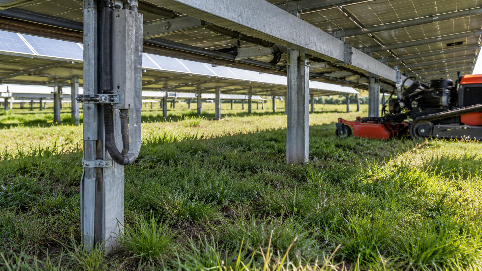 AI-generated application illustration: Close detailed view of solar panel support posts, protected conduits and tightly constrained grass clearance beneath array, no mower under panels, realistic site infrastructure obstacle.