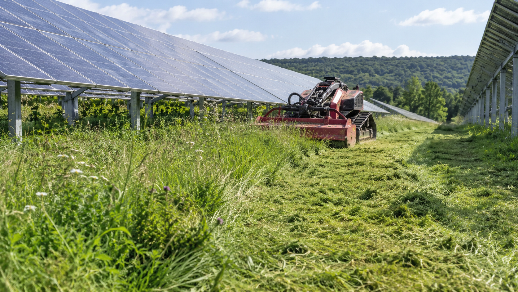 AI-generated application illustration: Solar facility grass strip showing contrasting uneven unmown weed patches and recently cut swaths over gently uneven ground, wide practical maintenance result.