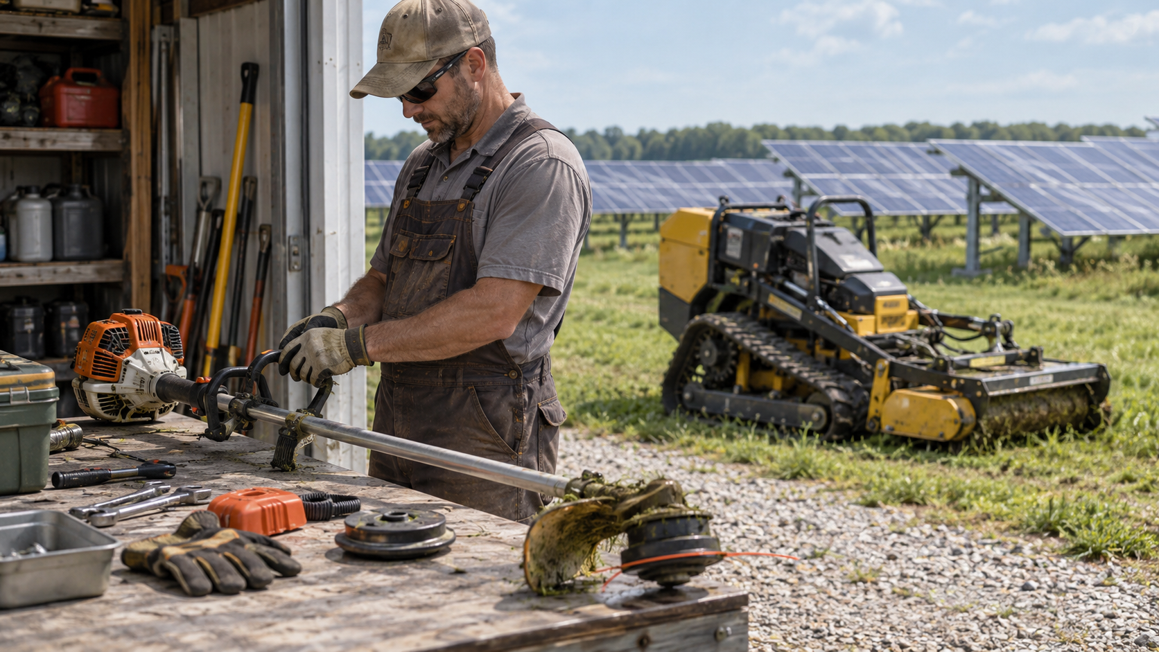 AI-generated application illustration: Solar-site maintenance worker beside organized grass trimmer, hand tools, gloves and compact mower service parts at facility service shed, recurring maintenance workload, realistic no text.