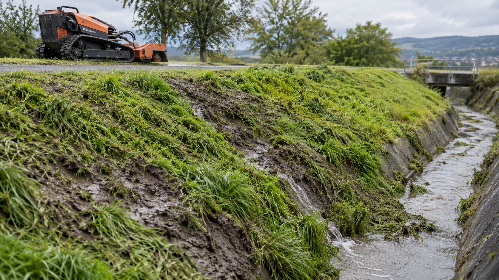 AI-generated application illustration: Damp grassy embankment after rain with loose soil patches and shallow runoff beside drainage channel, clearly shows variable traction and slope transitions, mower parked on level dry access road away from wet slope.