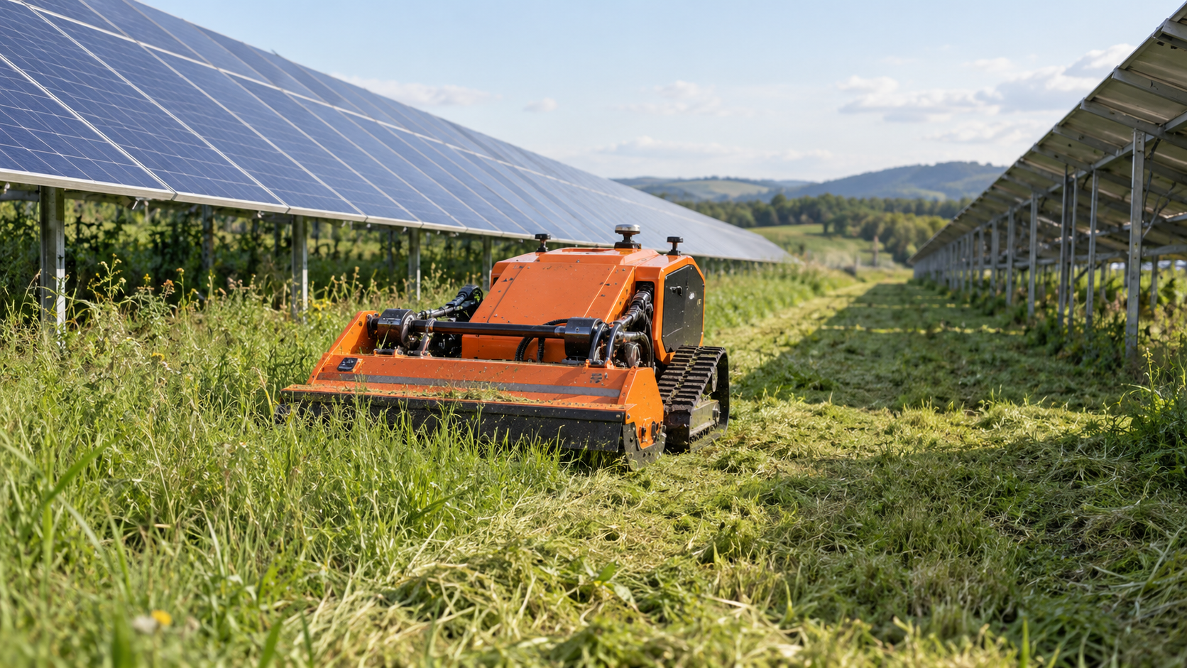 AI-generated application illustration: Remote controlled low rubber tracked mower cutting grass in a broad accessible service lane between solar panel arrays, orange unbranded machine, solar farm expanse, natural afternoon light, clear panel clearance.