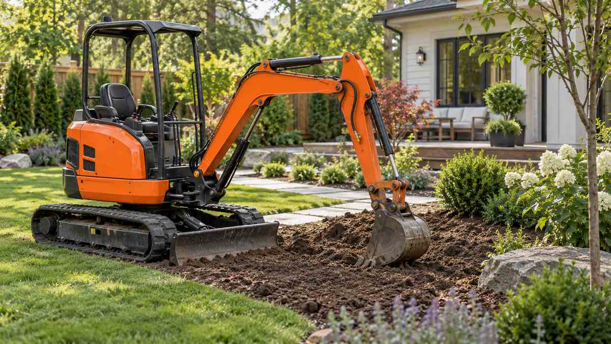 AI-generated illustration of a mini excavator preparing a garden planting bed
