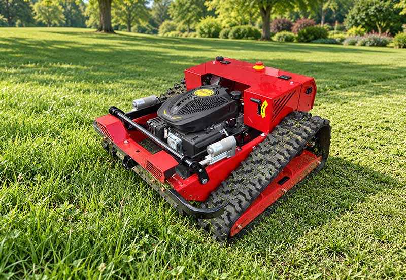 Remote-controlled crawler mower on grass