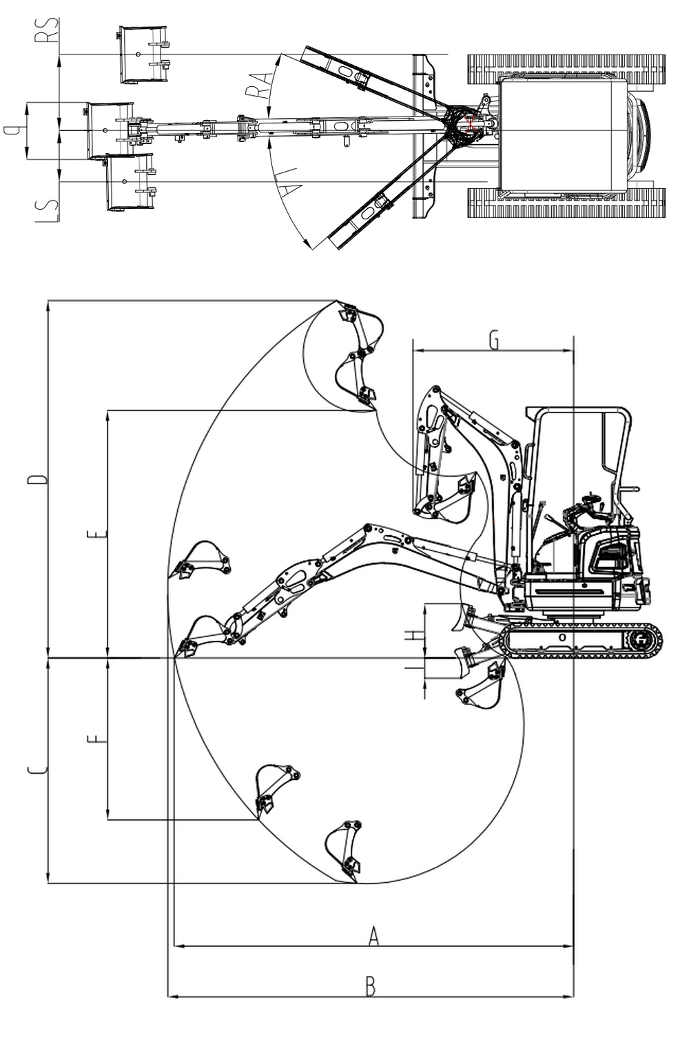 GW18 boom offset and digging operating range diagrams