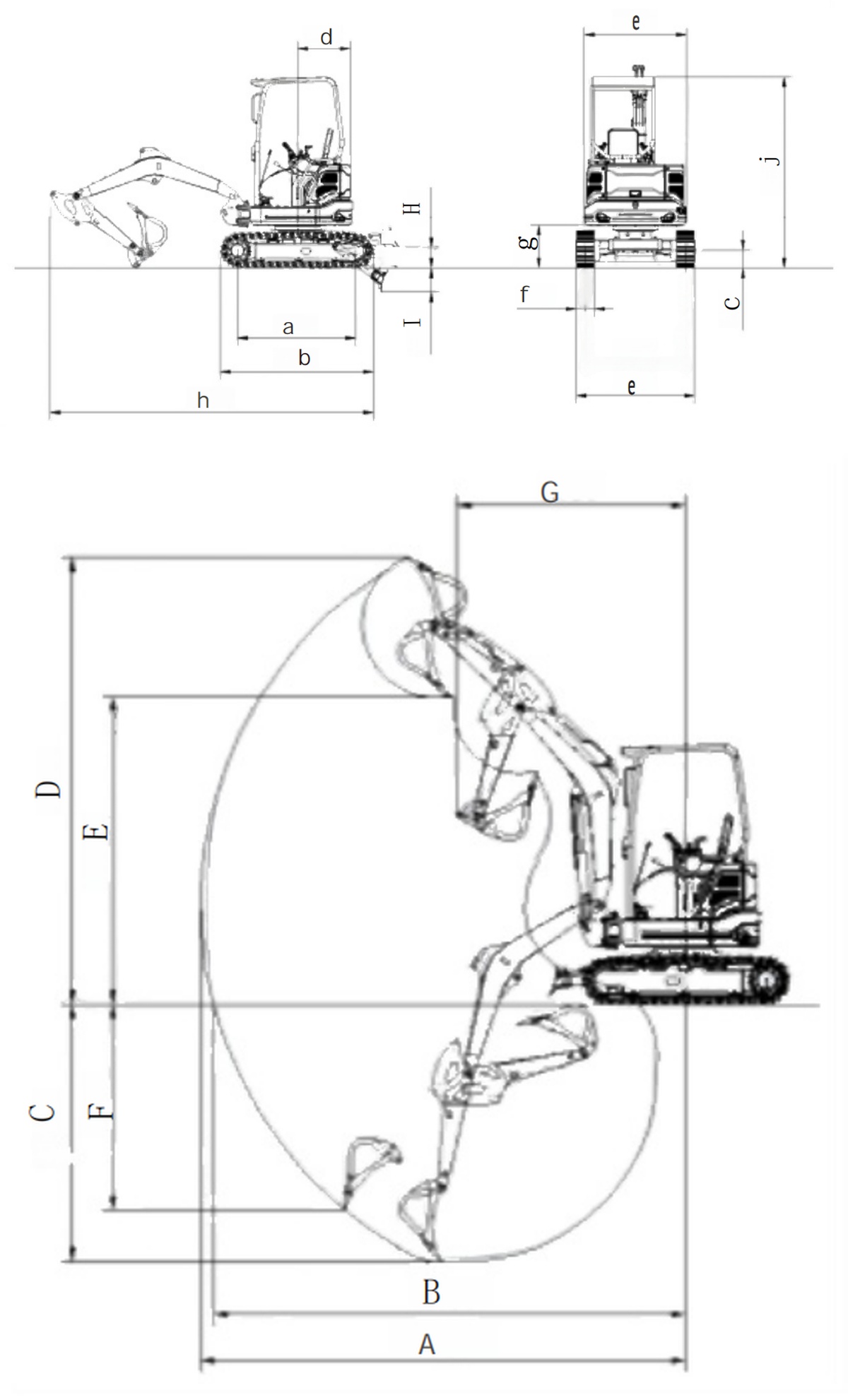 GW25 dimensions and digging operating range diagrams
