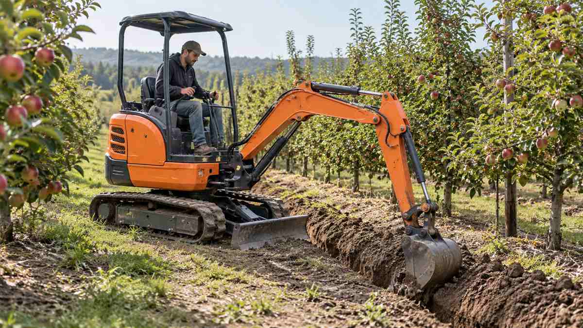 Mini excavator digging an irrigation trench in an orchard
