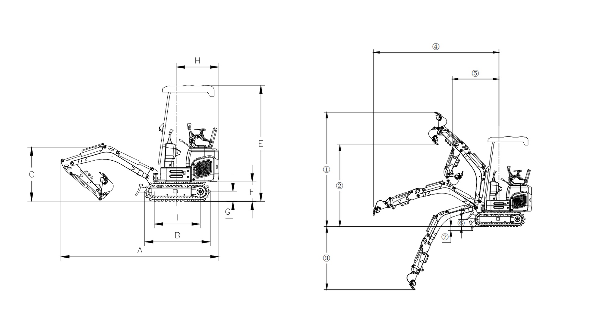 T13PRO Pilot Control Mini Excavator dimensions and operating range image